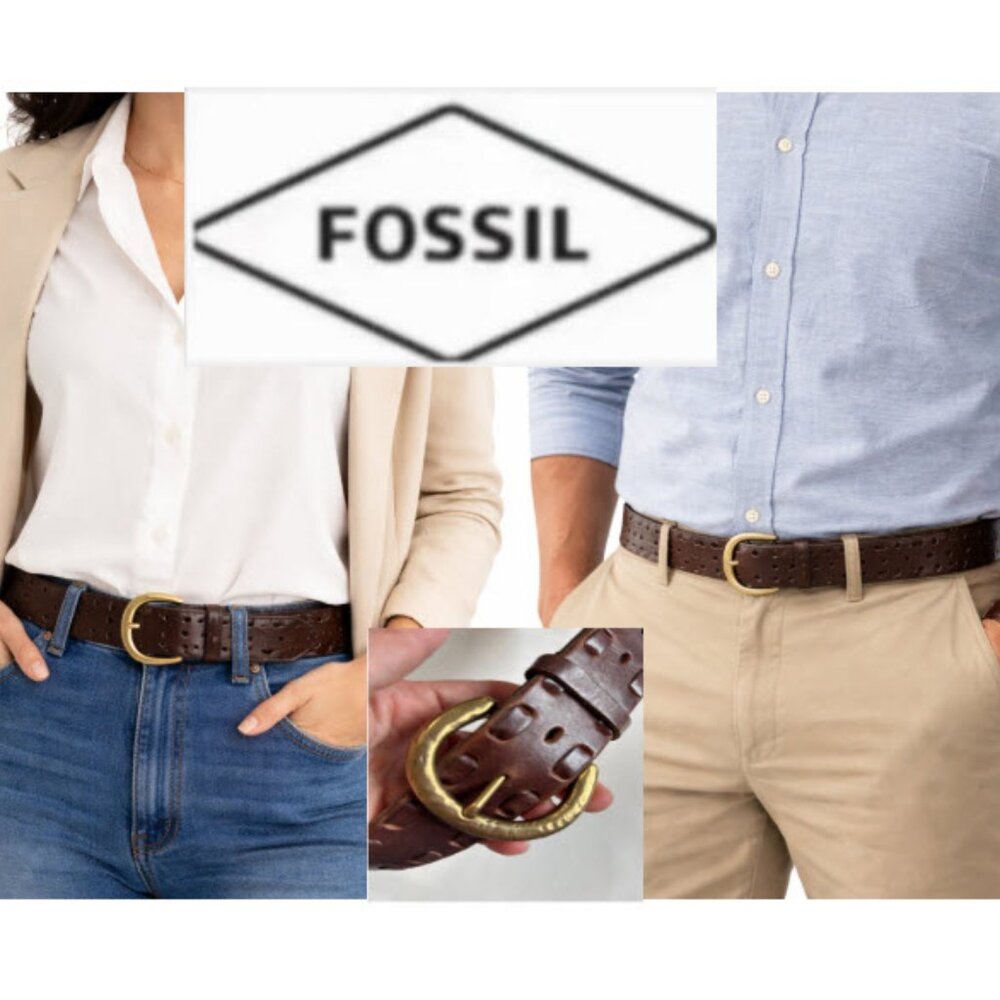 Fossil Dark Brown Leather Belt with Brass Crescent Buckle Unisex Large